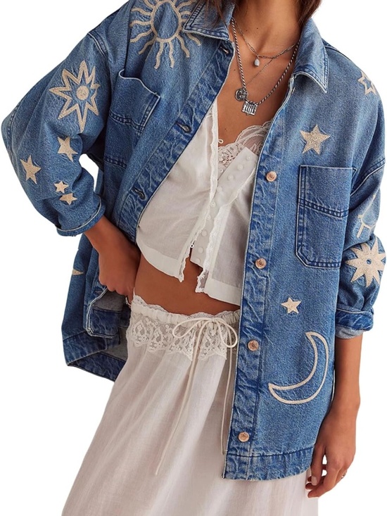 Jackets & Blazers - Embroidered Blue Denim Jean Jacket with Celestial Motifs
